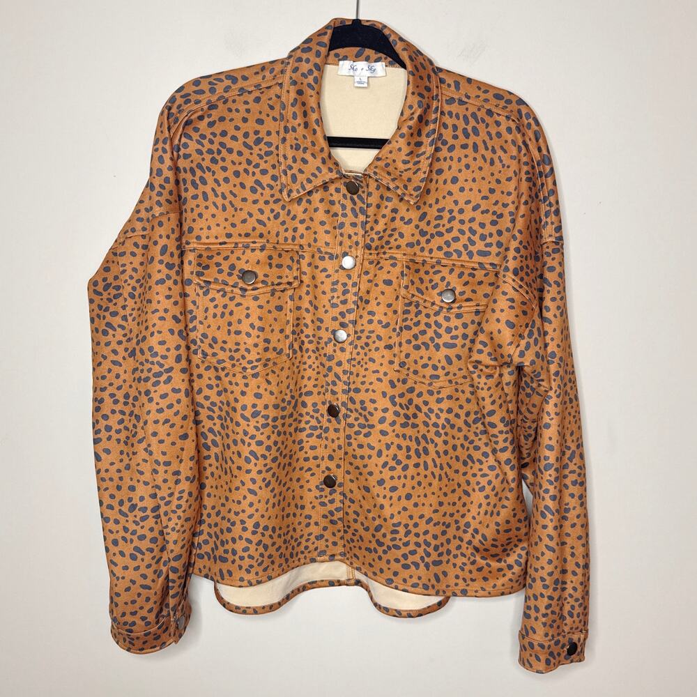 She + Sky Large Long Sleeve Button Up Cheetah Print Jacket‎ Shacket Stretchy